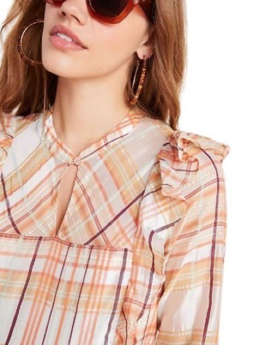 Current Air Anthropologie Orange and Cream Plaid Ruffle Blouse Size XL - Picture 3 of 13